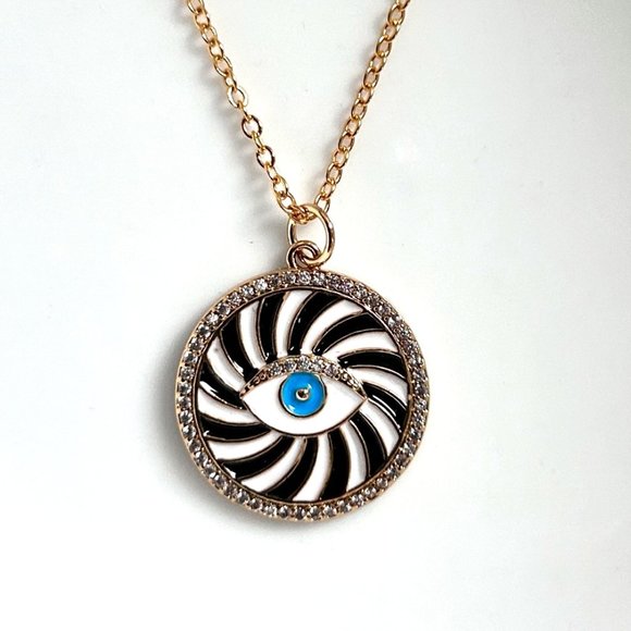 Gold Plated Evil Eye Cubic Zirconia Black White Enamel Charm Pendant Necklace - Picture 1 of 8